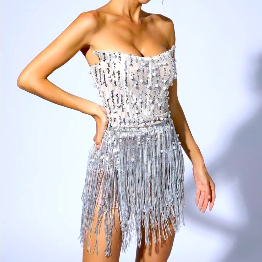 Catchall Pearl & sequin tassel mini dress